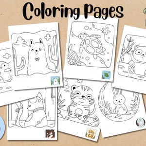 Può includere: Una collezione di pagine da colorare stampabili con illustrazioni di animali, tra cui un coniglio, un pinguino, un lama, una tartaruga, un panda, una tigre e un gatto. Il testo recita "Coloring Pages" e "Instant Download Digital Print".