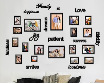 Wood Wall Photo Frame Set of 18 pcs / Words with photo frame / Mix of photo and words/ family photo frame / Family Photo Display with Words