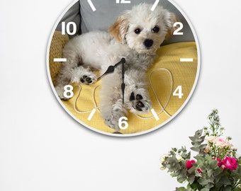 Orologio da parete personalizzato con foto di cani - Orologio con foto di animali domestici personalizzato, stampa UV in MDF con stampa artistica commemorativa di cani, arredamento unico per la casa per gli amanti degli animali