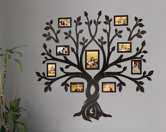 Arte mural de árbol genealógico de madera, collage de fotos familiares grandes enmarcadas, árbol de la vida de madera, regalo para padres, regalo para el primer aniversario de bodas