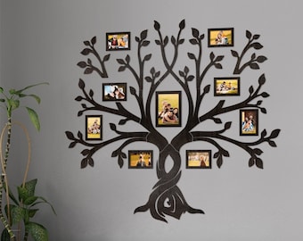 Wood Family Tree Wall Art, Large Family Photos Collage Framed, Wooden Tree of Life, Gift for Parents, 1st Wedding Anniversary Gift