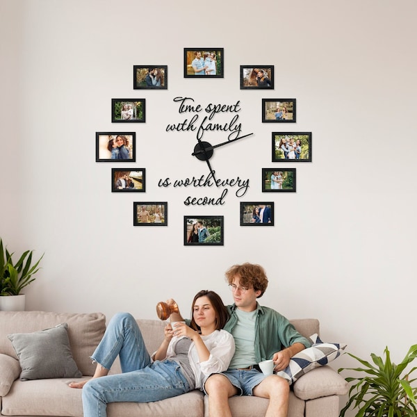 Big Clock Frame with Photos, Family Photo Frame, Big Wall Clock Photo Frame Design, Wooden Family Wall diy clock, Family Picture Frame Clock