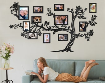 Arte de árbol genealógico, árbol genealógico de madera con marcos de fotos, calcomanía de pared grande del árbol de la vida, marcos de fotos collage, collage de fotos de abuelos
