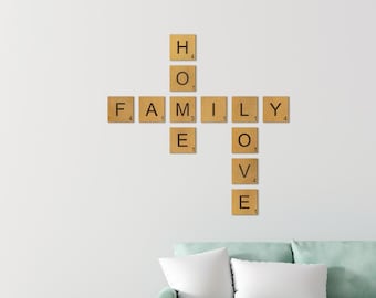 Muurdecoratie woonkamer, muurletters, scrabblekunst aan de muur, houten scrabbleletters, woondecoratie, kunst aan de muur, housewarmingcadeau, gepersonaliseerd cadeau