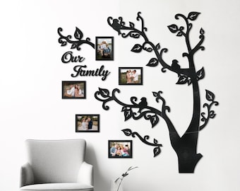 Wooden Family Tree with Frames, Large Family Tree Wall Art, Wood Family Tree with Birds Photo Wall Decorations for Living Room Pictures