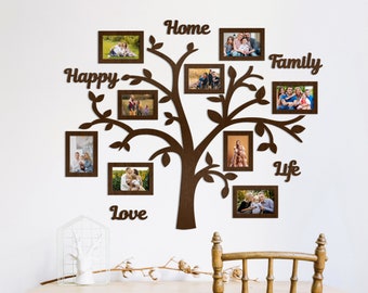 Personalized Wooden Family Tree with Frames and Text, Custom Wooden Sign, Large Family Tree Wall Art, Wall Decorations for Living Room