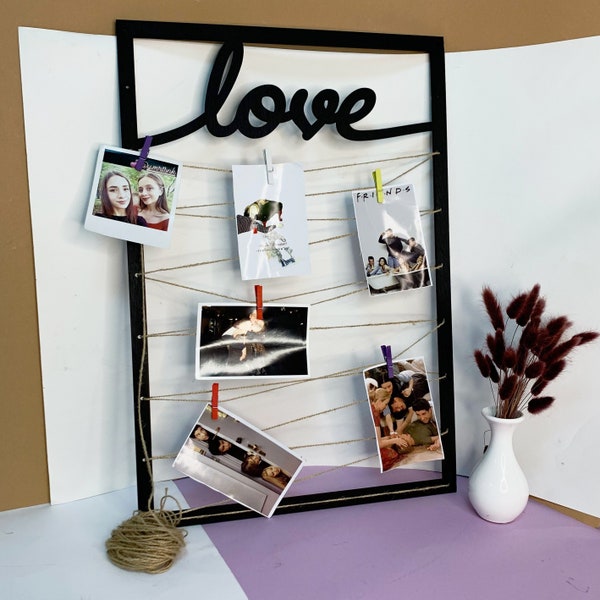 Rustic Clothespin Photo display Board. Wedding photo display. Clothesline Collage frame. gift decor polaroid.. Barn wood photo collage