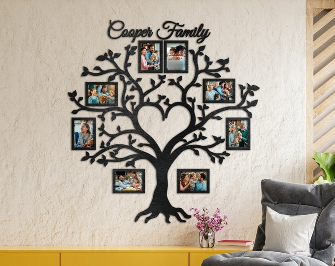 Custom Family Tree with Frame as Heart, Wooden Family Tree with Heart Wall Art, Living Room Wall Decorations, Wood Family Tree Wall Decal