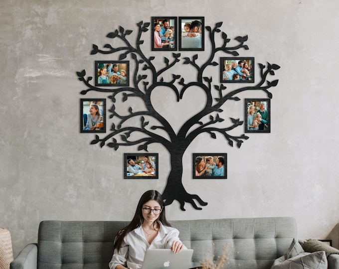 Large Family Tree Wall Art, Custom Family Photo Collage, Family Photos Frames, Wooden Family Tree, Parents Wedding Anniversary Gift