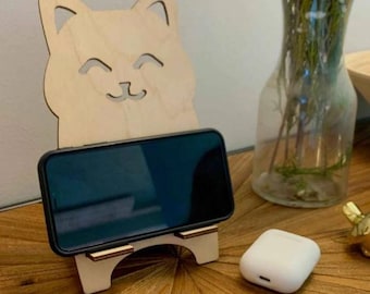 Wooden Cat Phone Stand – Cute Eco-Friendly Desk Dock, Minimalist Cat Holder for Office or Home, Tablet Display for Cat Lovers