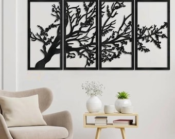 Modern Wooden Wall Art Set | 4 Panel Geometric Laser Cut Decor | Abstract Birch Plywood Design | Large Minimalist Wall Piece