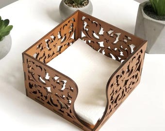 Wooden cocktail Napkin Holder – Laser Cut Palm Leaf Design, Eco Rustic Table Decor, Boho Kitchen or Cafe Organizer, Square Wood Tray