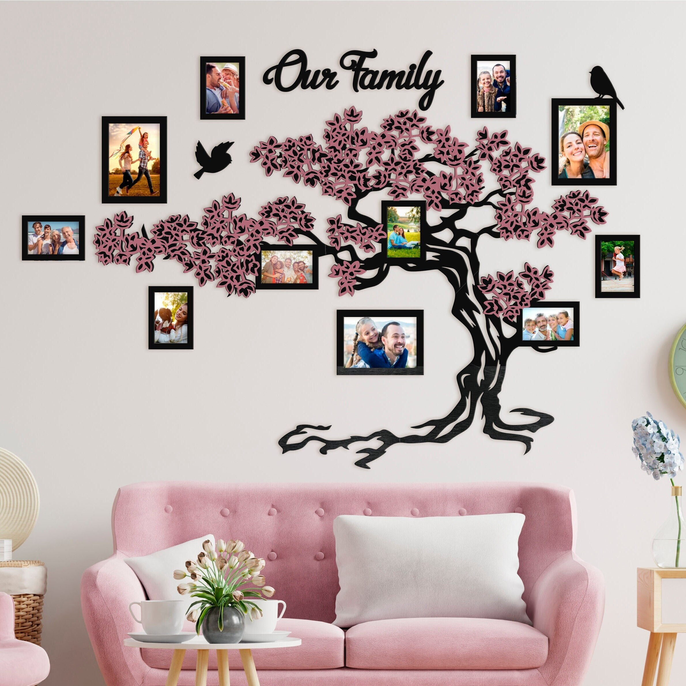 Big Wooden Family Tree Sakura with Photoframes, Wood Family Tree with Birds, Sakura Wall Art, Wall Decorations, Living Room Pictures Decor