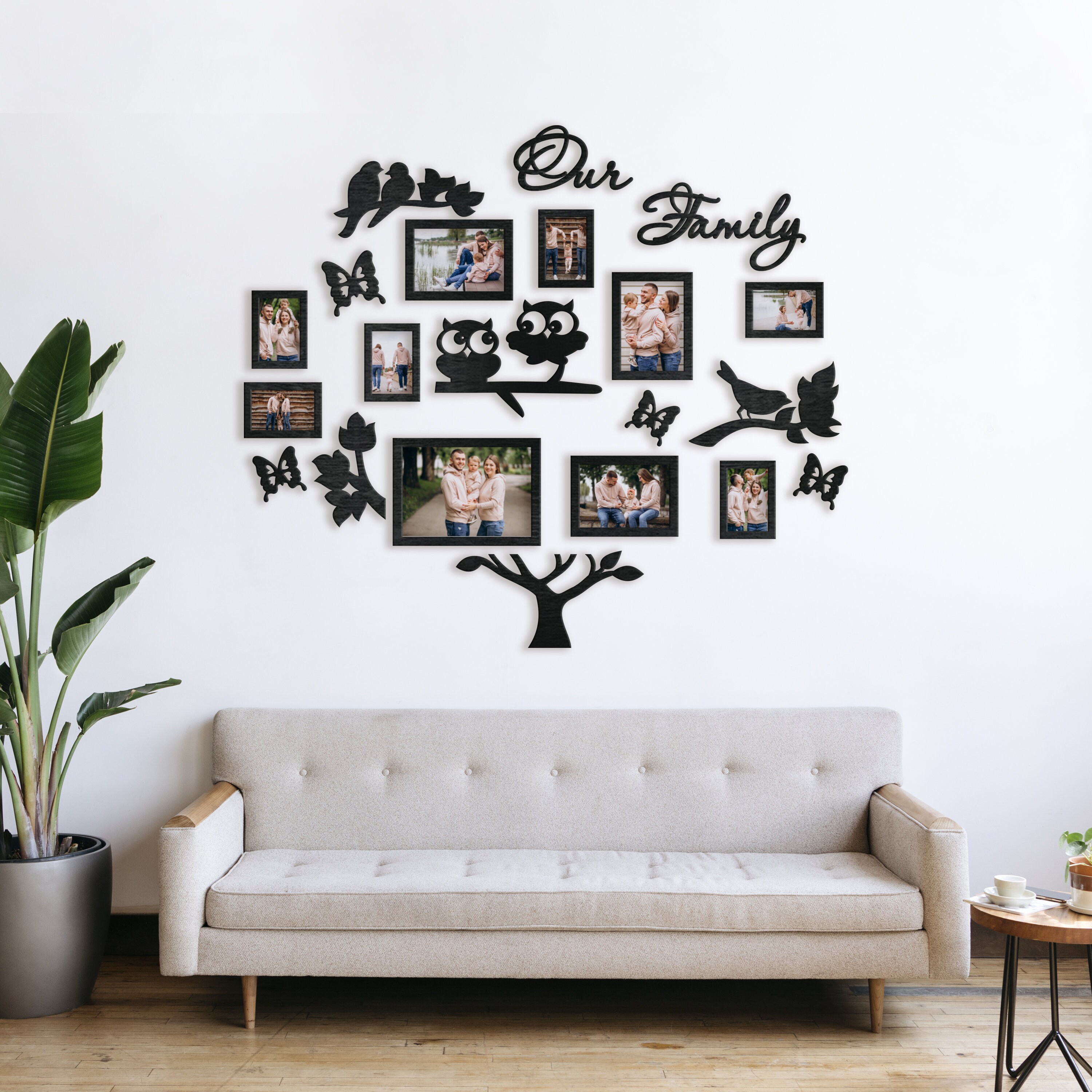 Custom Wooden Family Tree With Frames With Owls Bird, Family Tree Wall ...