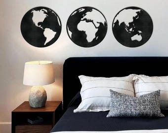Wood World Map Wall Art – 3 Piece Earth Panel, Eco Friendly Wooden Globe Decor, Handmade Modern Geographic Map for Home or Office