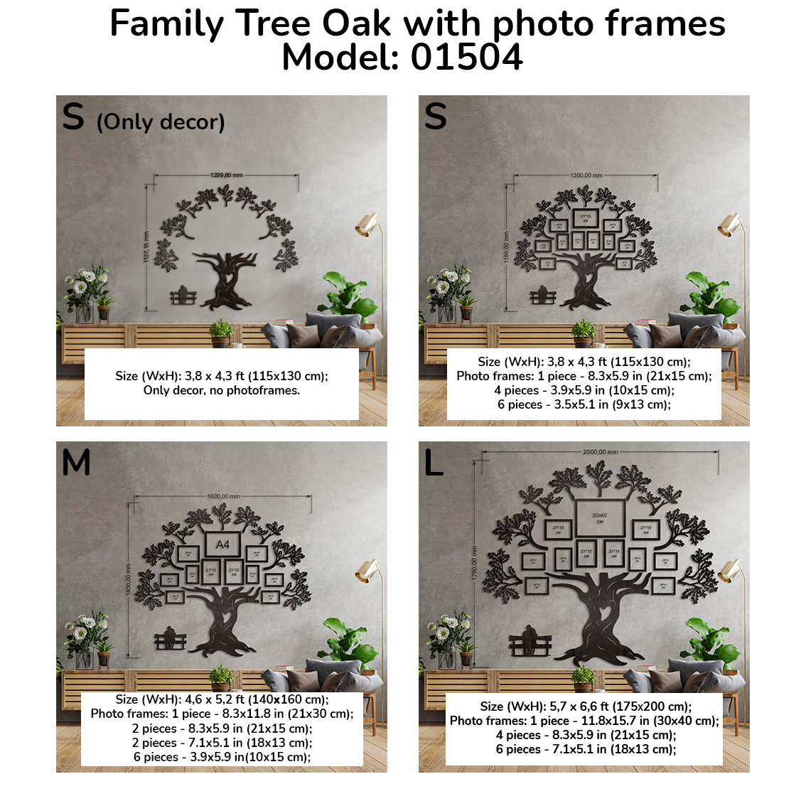 Large Wooden Family Tree Wall Art With Photo Frames | Oak Plywood ...
