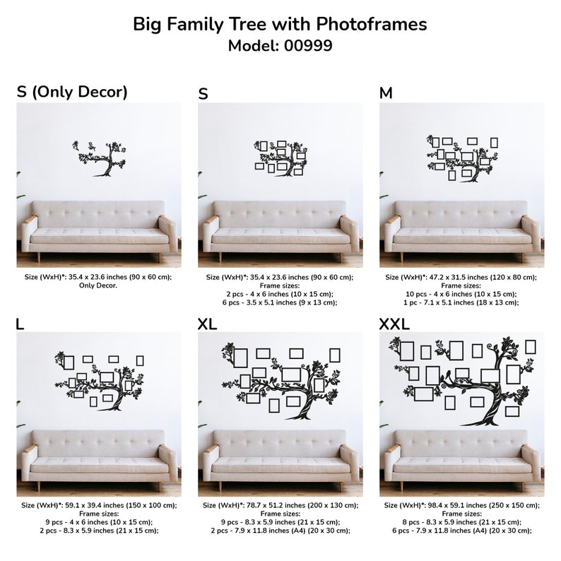 May include: Black and white wall decal of a family tree with photo frames. The decal is available in various sizes, including S, M, L, XL, and XXL. The S size is only a decorative decal without photo frames. The other sizes include photo frames in various sizes. The decal is shown on a white wall above a beige couch.