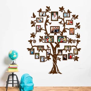 May include: A brown wooden family tree wall decor with multiple photo frames. The tree design includes branches, leaves, and decorative elements. The frames hold various photos, creating a personalized display. A globe, books, and a blue backpack are in the foreground.
