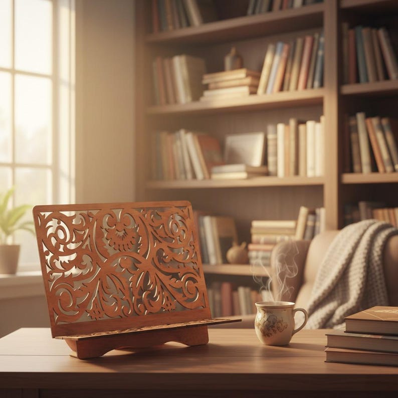 Pode incluir: Um suporte de livro de madeira com um design floral recortado ornamentado. O suporte castanho est&aacute; numa mesa com uma ch&aacute;vena de caf&eacute; e livros. O fundo apresenta uma estante e uma janela, criando um canto de leitura acolhedor.