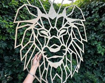 Wooden Geometric Lion Wall Art | Modern Animal Wall Decor | Laser Cut Plywood Sculpture | Nordic Jungle Boho Living Room Accent