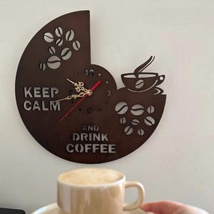 Rustic Coffee Wall Clock – Eco Friendly Wooden Decor for Kitchen, Coffee Lover Gift, Laser Cut Cafe Style Timepiece, Keep Calm Design