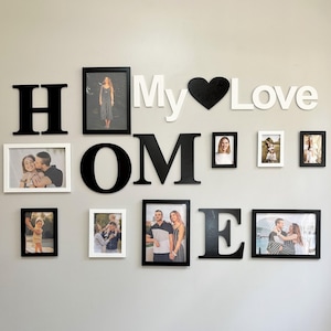 Wooden &quot;HOME&quot; Photo Collage Frame – Personalized Wall Decor with Photo Frames | Family Gift | Modern Rustic Interior Accent