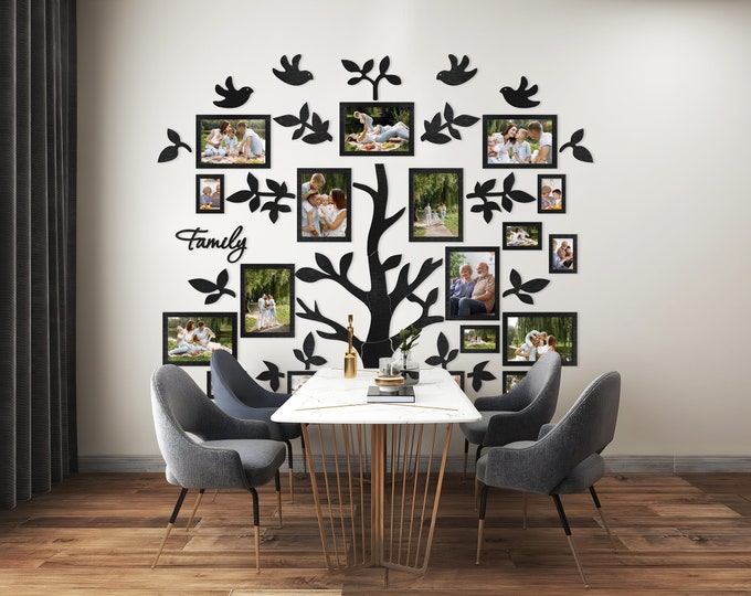 Big Wall Frame Family Tree, Custom Family Tree with Frames, Wooden Family Tree Wall Art, Family Tree Wall Decal, Personalized Collage Photos