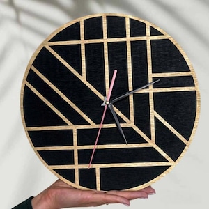 Geometric Wall Clock – Modern Black Round Wood Clock, Gold Line Art, Minimalist Decor for Office, Cafe, or Home Interior
