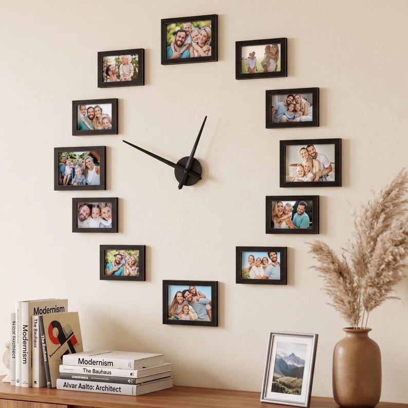 Grote klok met fotolijst, fotolijst voor het hele gezin, grote wandklok met fotolijst, houten doe-het-zelf wandklok voor het hele gezin, klok met fotolijst voor het hele gezin Without Text