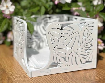 Wooden Napkin Holder – Laser Cut Palm Leaf Design, Eco Rustic Table Decor, Boho Kitchen or Cafe Organizer, Square Wood Tray