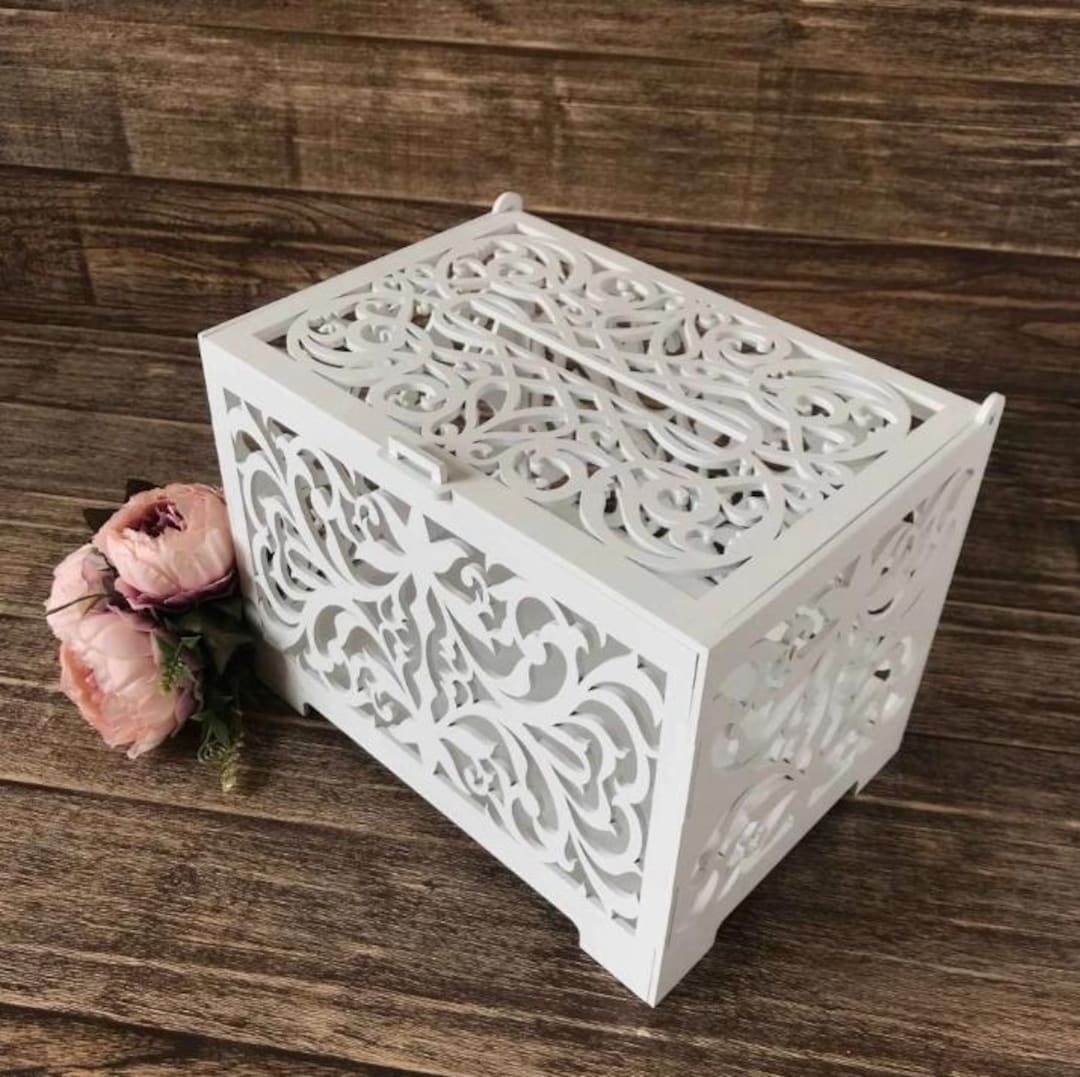 Caja de madera cortada a láser para tarjetas de boda: caja rústica blanca  con diseño floral, madera ecológica, elegante cofre para regalos para  decorar la mesa de la boda. - Etsy México, image size:1080x1077