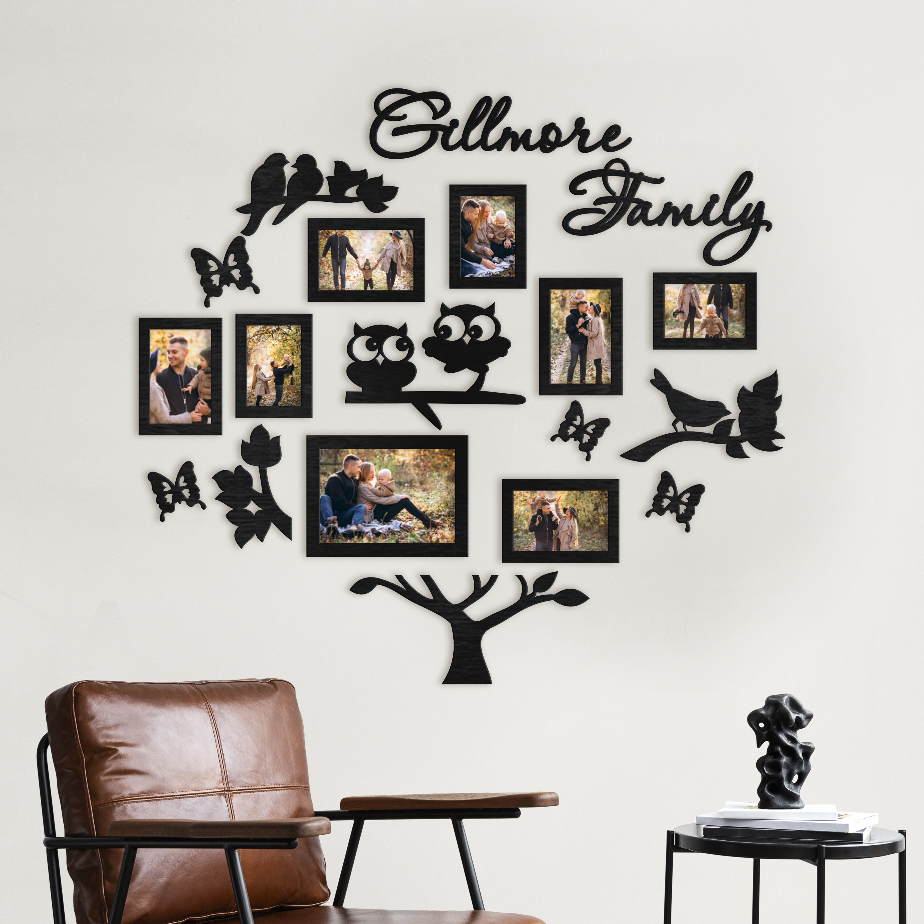 Custom Wooden Family Tree With Frames With Owls Bird, Family Tree Wall ...