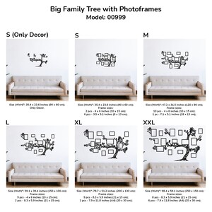 May include: Black and white wall decal of a family tree with photo frames. The decal is available in various sizes, including S, M, L, XL, and XXL. The S size is only a decorative decal without photo frames. The other sizes include photo frames in various sizes. The decal is shown on a white wall above a beige couch.