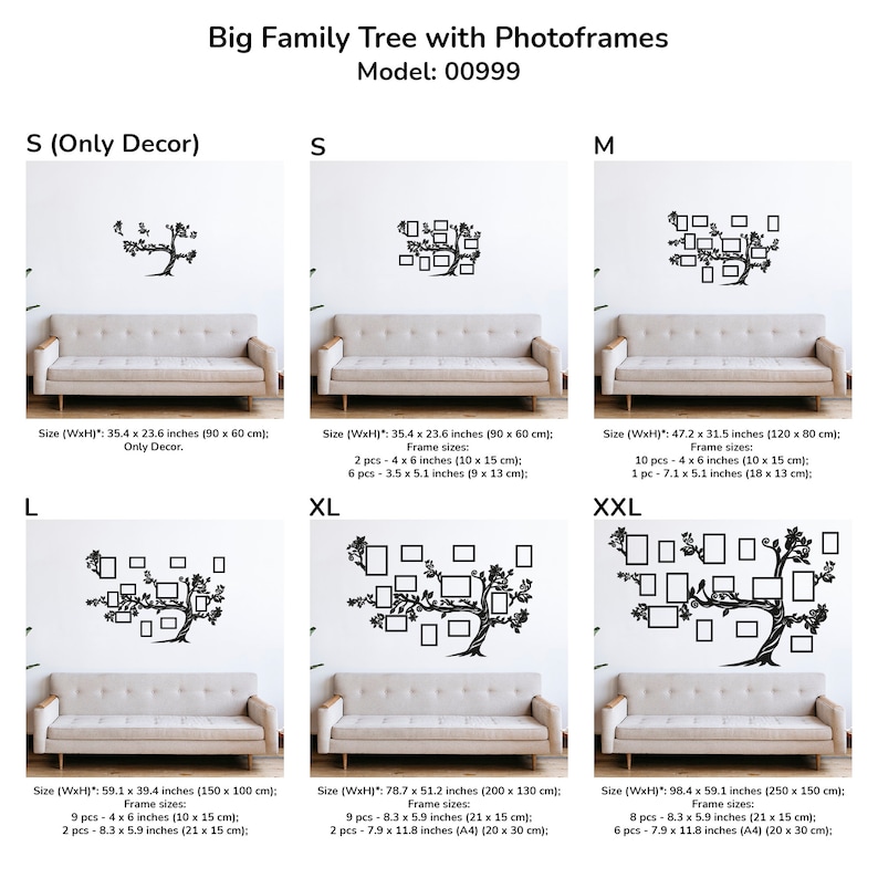 May include: Black and white wall decal of a family tree with photo frames. The decal is available in various sizes, including S, M, L, XL, and XXL. The S size is only a decorative decal without photo frames. The other sizes include photo frames in various sizes. The decal is shown on a white wall above a beige couch.