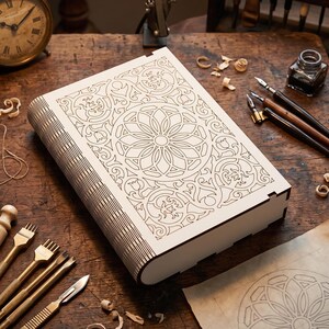 May include: A rectangular wooden box featuring a laser-cut top panel with an intricate circular floral pattern. The box has a light-colored wood finish with dark engraved lines, a curved spine-like side, and a clean, flat base structure.