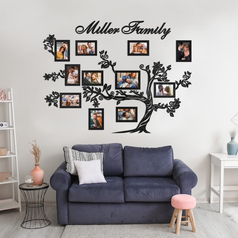 May include: A black metal family tree wall decor with 13 photo frames, featuring the text "Miller Family". The decor is displayed on a white wall above a blue sofa.