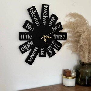 Peut inclure: Une horloge murale noire au design unique. Le cadran est un cercle noir avec des bras rectangulaires rayonnants, chacun affichant un chiffre en blanc. Les aiguilles de l'horloge sont dorées. L'horloge est fixée sur un mur blanc.
