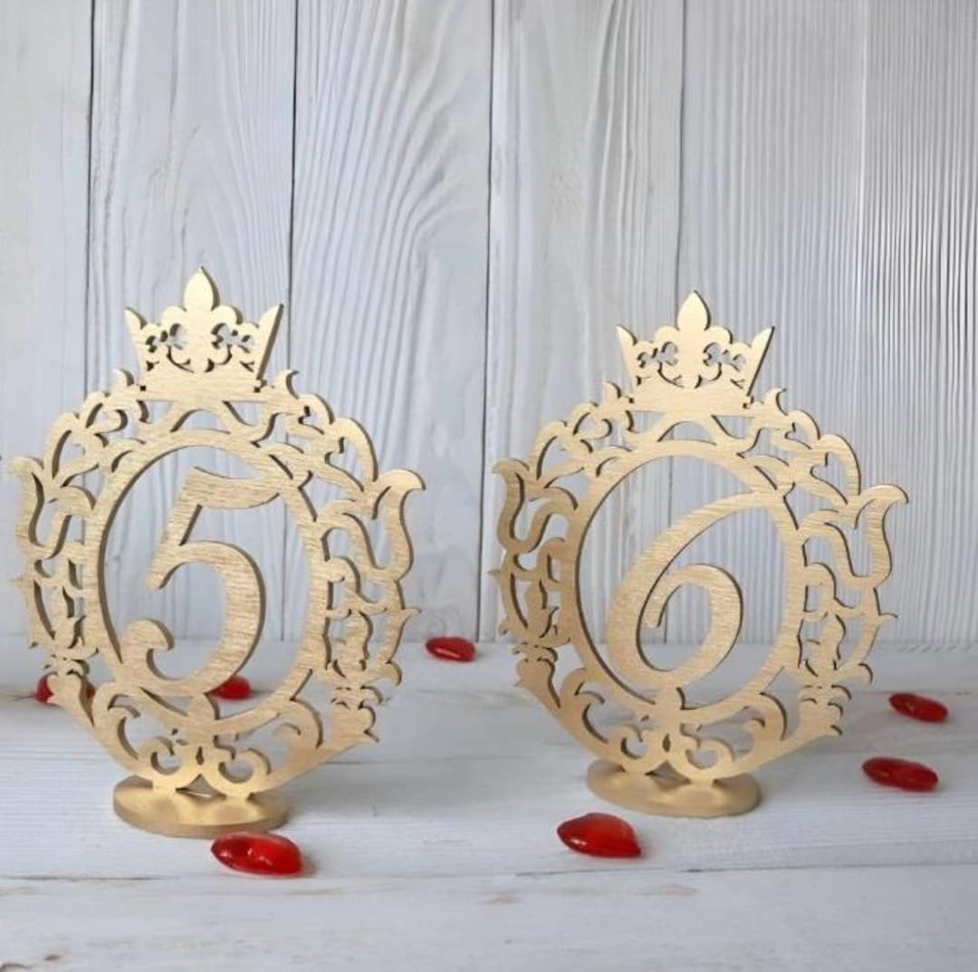 Wooden Wedding Table Numbers – Laser Cut Crown Signs, Rustic Gold Decor ...