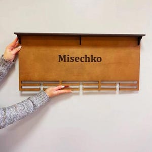 Personalized Wooden Medal Holder with Trophy Shelf | Wall Mounted Sports Medal Rack | Custom Name Athlete Award Display Decor