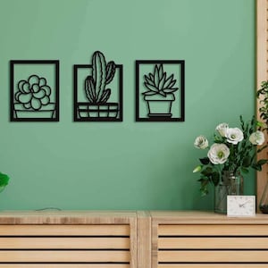 Wooden Plant Wall Panel Set – Cactus & Succulent Wall Art, Minimalist Botanical Decor, Eco Modern Rustic Home Accent, Scandinavian Style