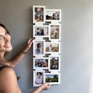 Geometric Wooden Photo Frame for 10 Pictures – Vertical Wall Display, Eco-Friendly, Minimalist Family Collage, Kids-Safe Home Decor