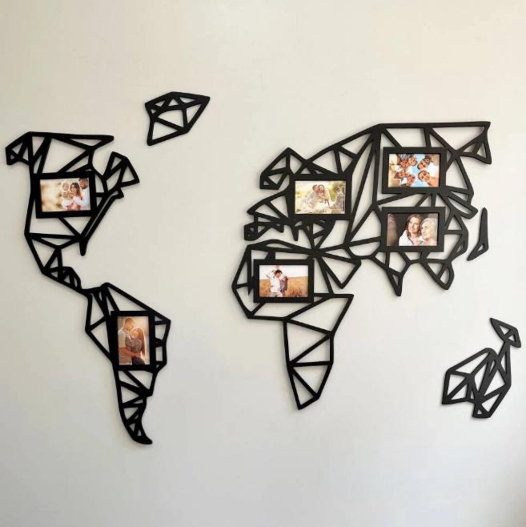 Wooden World Map Photo Frame Collage – Geometric Wall Art, Travel ...