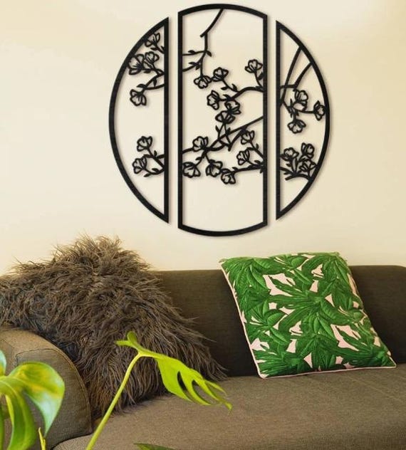 Sakura Wall Decor – Wooden Triptych Panel, Cherry Blossom Art