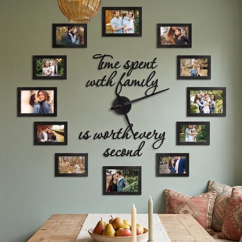 Grote klok met fotolijst, fotolijst voor het hele gezin, grote wandklok met fotolijst, houten doe-het-zelf wandklok voor het hele gezin, klok met fotolijst voor het hele gezin Option 1