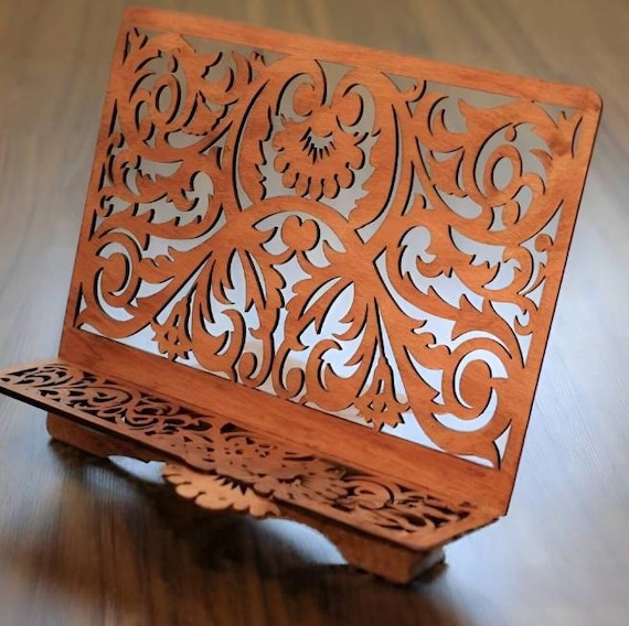 Ornate Wooden Book Stand – Laser Cut Carved Book Holder, Foldable Eco-Friendly Easel, Rustic Floral Reading Rack, Vintage Decor