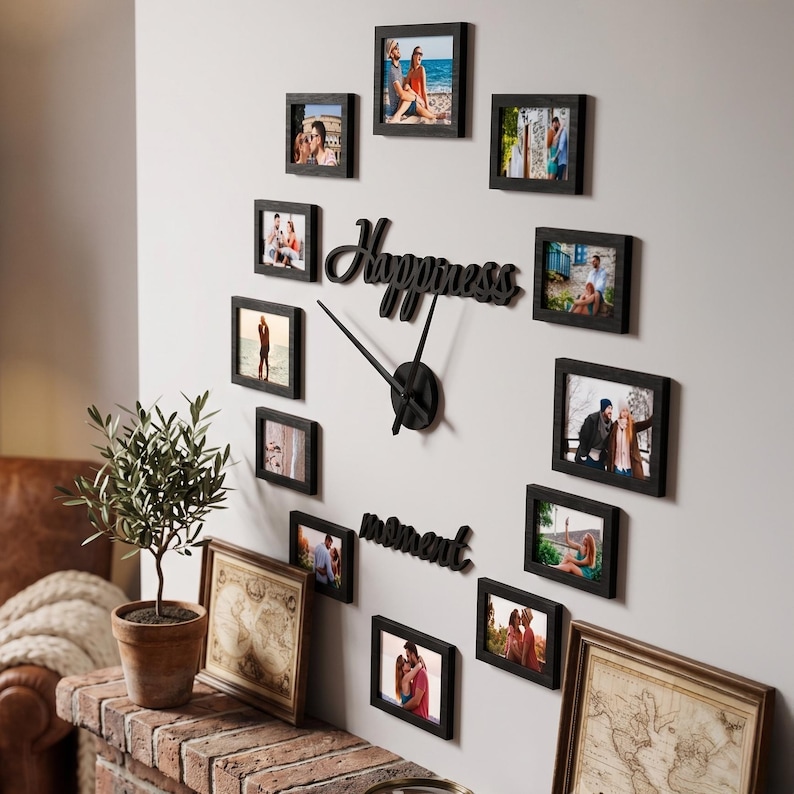 Grote klok met fotolijst, fotolijst voor het hele gezin, grote wandklok met fotolijst, houten doe-het-zelf wandklok voor het hele gezin, klok met fotolijst voor het hele gezin afbeelding 17