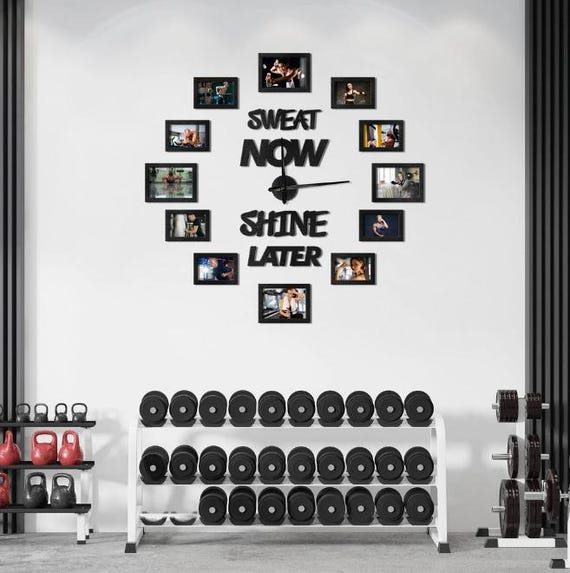 Reloj de pared motivacional para gimnasio con marcos de fotos