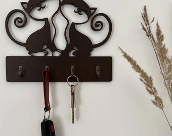 Wood Cat Wall Key Holder – Eco Cat Couple Decor, Cute Organizer Hook, Entryway Key Rack, Minimalist Feline Wall Art