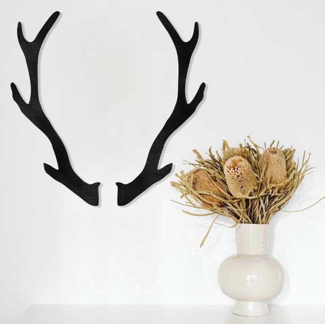 Black Wooden Deer Antlers Wall Art – Rustic Forest Decor, Eco Wood ...