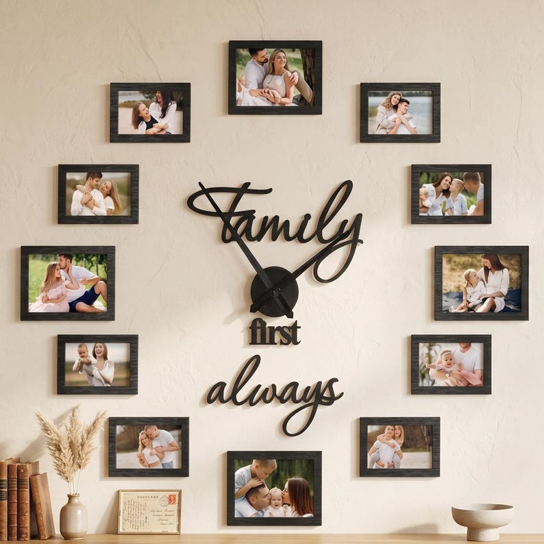 Grote klok met fotolijst, fotolijst voor het hele gezin, grote wandklok met fotolijst, houten doe-het-zelf wandklok voor het hele gezin, klok met fotolijst voor het hele gezin Option 3
